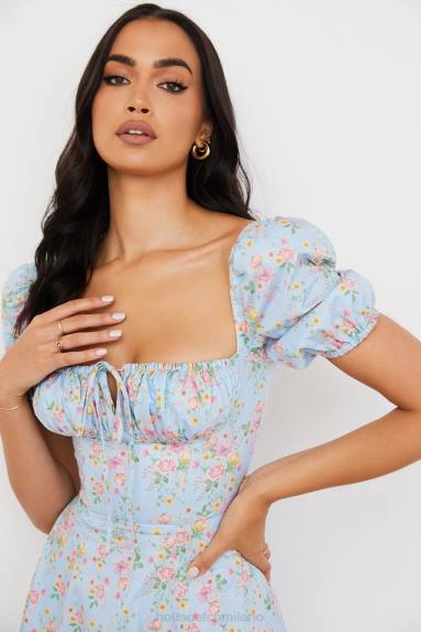 vestiario esso House of CB Abito midi tallulah blu con maniche a sbuffo floreali vintage X44T572
