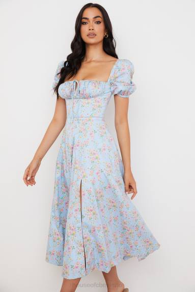 vestiario esso House of CB Abito midi tallulah blu con maniche a sbuffo floreali vintage X44T572