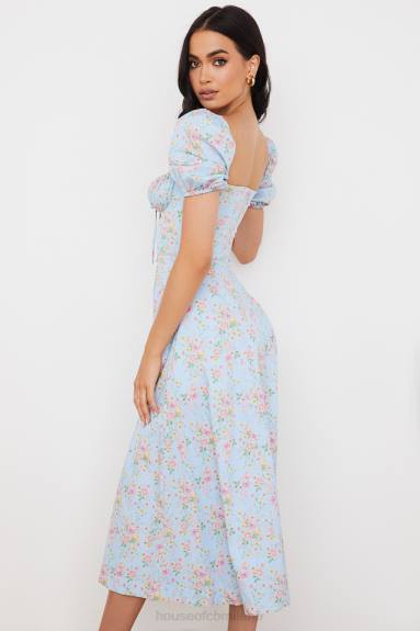 vestiario esso House of CB Abito midi tallulah blu con maniche a sbuffo floreali vintage X44T572