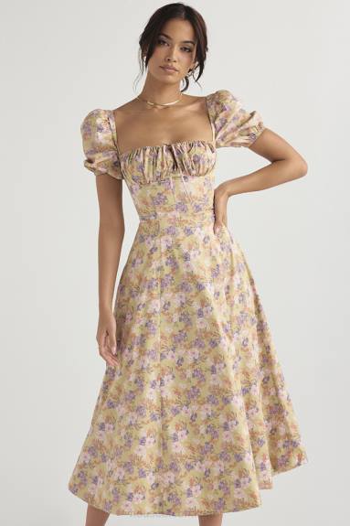 vestiario esso House of CB Abito prendisole midi con maniche a sbuffo e stampa peonie Tallulah X44T428