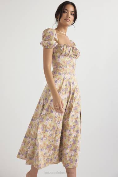 vestiario esso House of CB Abito prendisole midi con maniche a sbuffo e stampa peonie Tallulah X44T428