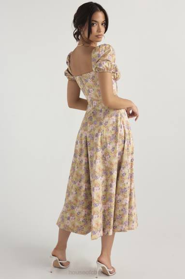 vestiario esso House of CB Abito prendisole midi con maniche a sbuffo e stampa peonie Tallulah X44T428