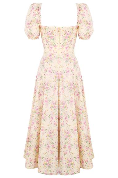 vestiario esso House of CB Abito prendisole midi con maniche a sbuffo floreali color limone Tallulah X44T617