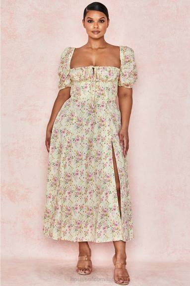 vestiario esso House of CB Abito prendisole midi con maniche a sbuffo floreali color limone Tallulah X44T617