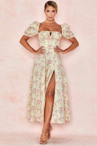 vestiario esso House of CB Abito prendisole midi con maniche a sbuffo floreali color limone Tallulah X44T617