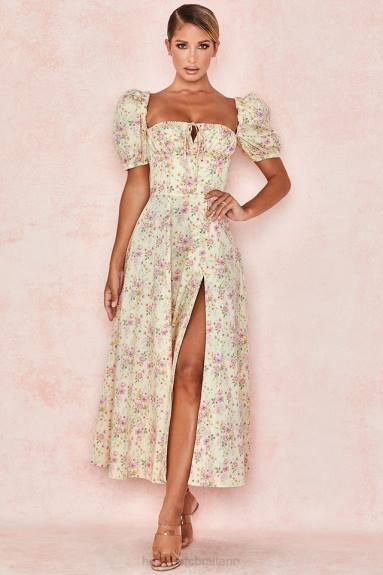 vestiario esso House of CB Abito prendisole midi con maniche a sbuffo floreali color limone Tallulah X44T617