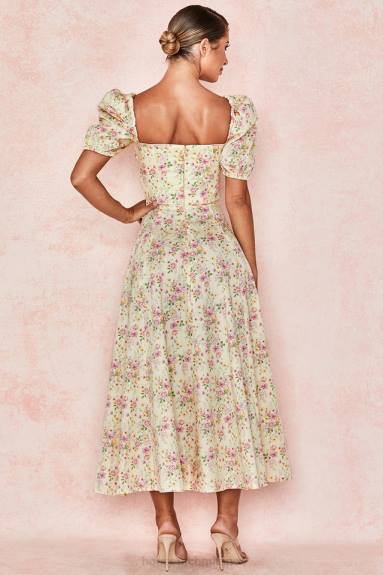 vestiario esso House of CB Abito prendisole midi con maniche a sbuffo floreali color limone Tallulah X44T617