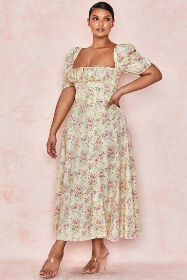 vestiario esso House of CB Abito prendisole midi con maniche a sbuffo floreali color limone Tallulah X44T617