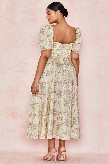 vestiario esso House of CB Abito prendisole midi con maniche a sbuffo floreali color limone Tallulah X44T617