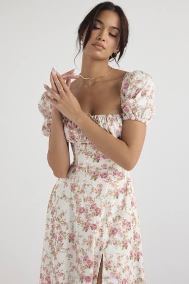 vestiario esso House of CB Prendisole midi con maniche a sbuffo e stampa di rose Tallulah X44T427