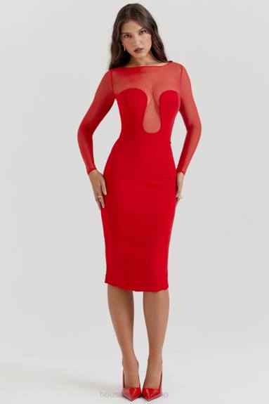 vestiario esso House of CB abito midi Darcy scarlatto con scollo profondo X44T109