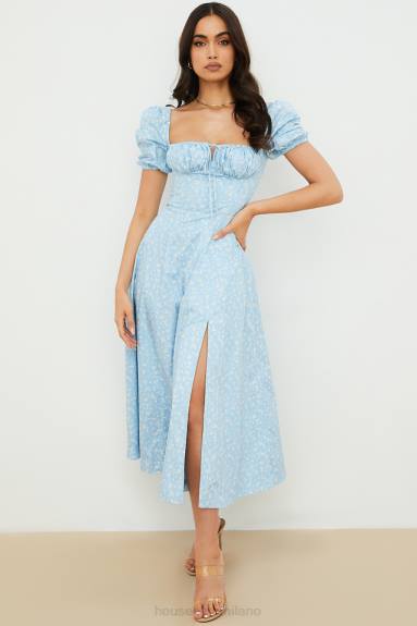 vestiario esso House of CB abito midi con maniche a sbuffo floreale blu avorio tallulah X44T550