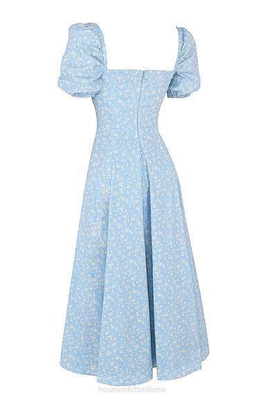 vestiario esso House of CB abito midi con maniche a sbuffo floreale blu avorio tallulah X44T550