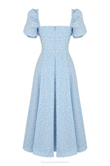 vestiario esso House of CB abito midi con maniche a sbuffo floreale blu avorio tallulah X44T550