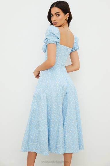 vestiario esso House of CB abito midi con maniche a sbuffo floreale blu avorio tallulah X44T550