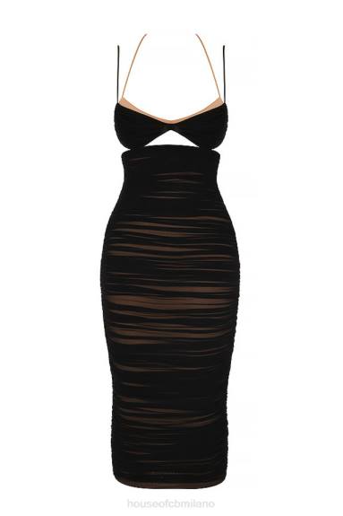 vestiario esso House of CB abito midi tibi nero con increspature ritagliate X44T579