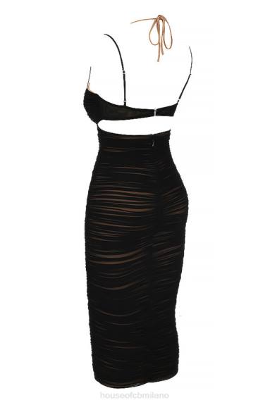 vestiario esso House of CB abito midi tibi nero con increspature ritagliate X44T579