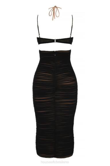vestiario esso House of CB abito midi tibi nero con increspature ritagliate X44T579