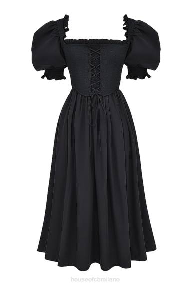 vestiario esso House of CB prendisole midi silvana nero con maniche a sbuffo X44T225