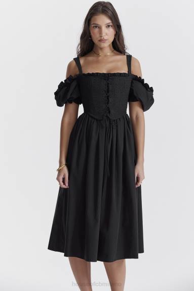 vestiario esso House of CB prendisole midi silvana nero con maniche a sbuffo X44T225