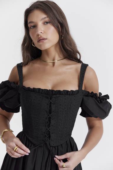 vestiario esso House of CB prendisole midi silvana nero con maniche a sbuffo X44T225