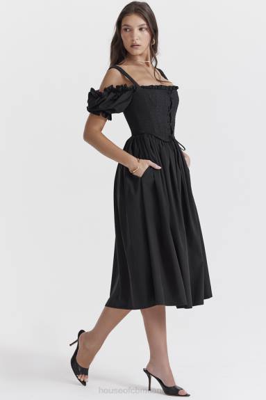 vestiario esso House of CB prendisole midi silvana nero con maniche a sbuffo X44T225